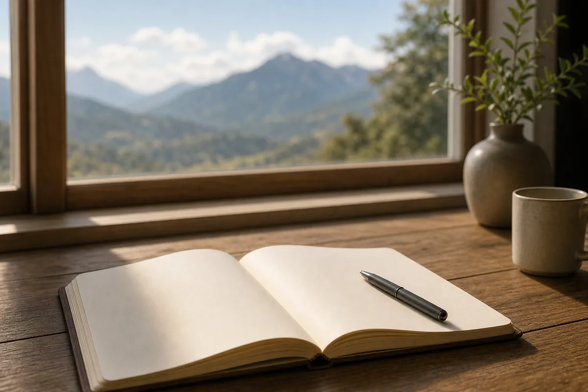 What Is a Psychiatric Evaluation? What Happens in a First Appointment 1 Open notebook and pen on a wooden desk beside a window with mountain daylight